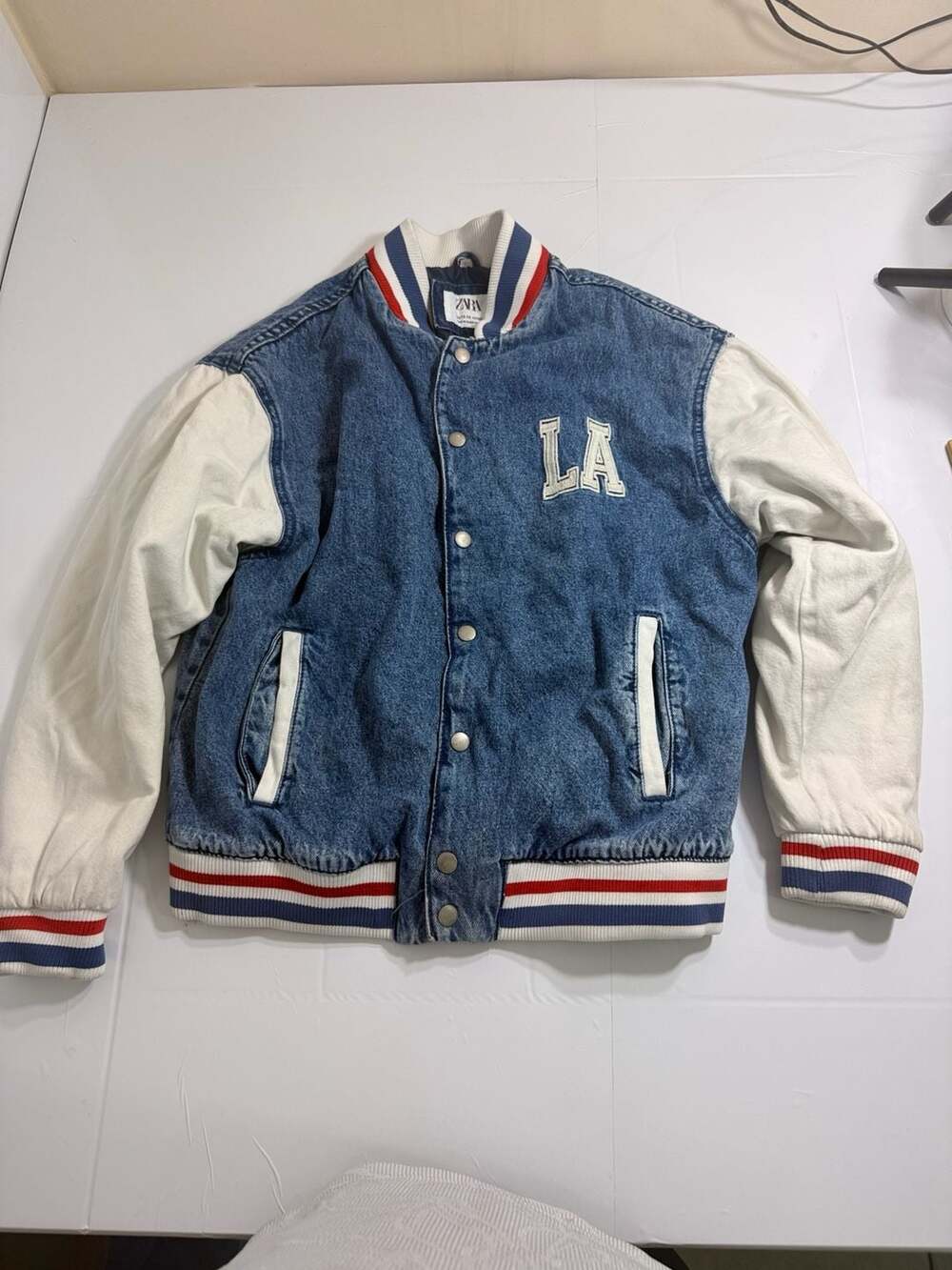 Zara Denim Varsity Jacket with LA and City Names Embroidery